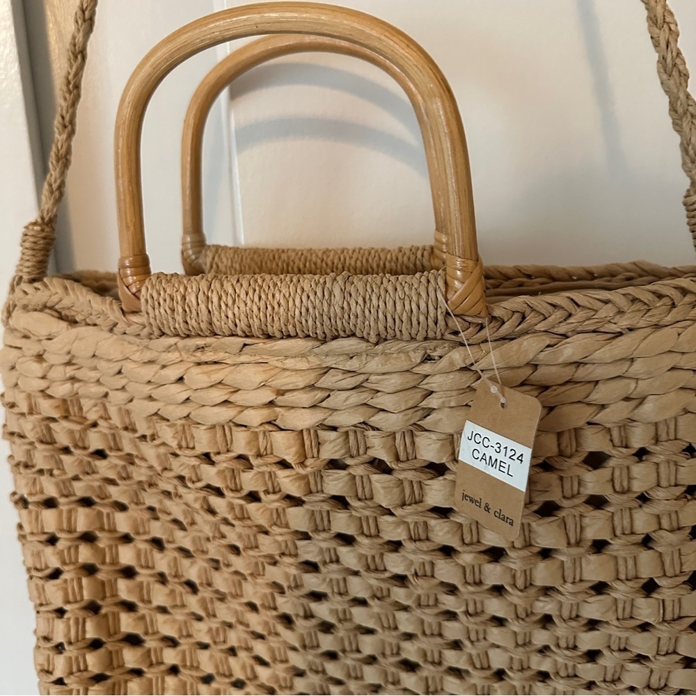 New Jewel & Clara Camel bamboo handle long straps woven straw bag lined - Picture 2 of 10